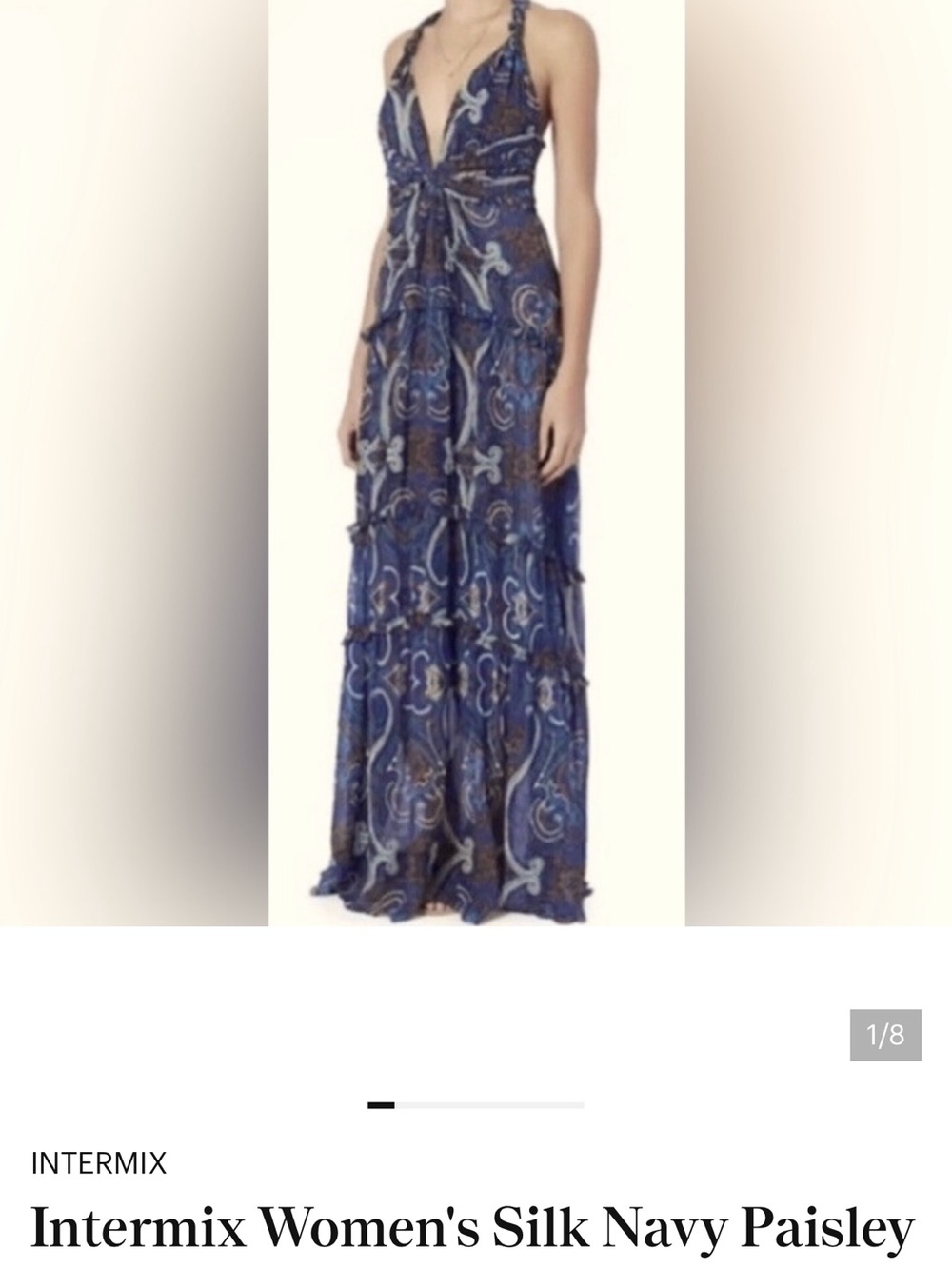 INTERMIX Navy Paisley Silk Halter Maxi Dress